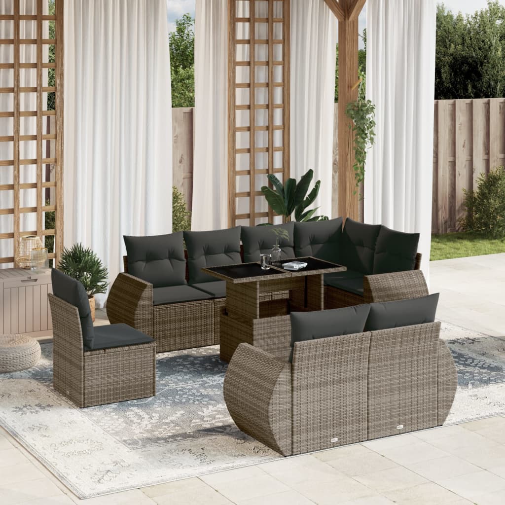 9-tlg. Garten-Sofagarnitur mit Kissen Grau Poly Rattan