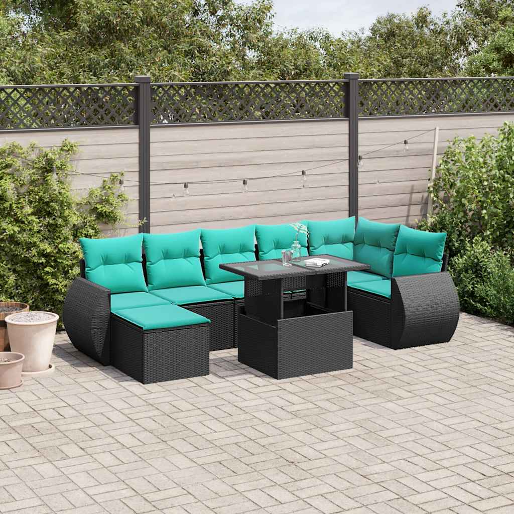 8-teiliges Gartensofa-Set mit Kissen, schwarzes Polyrattan