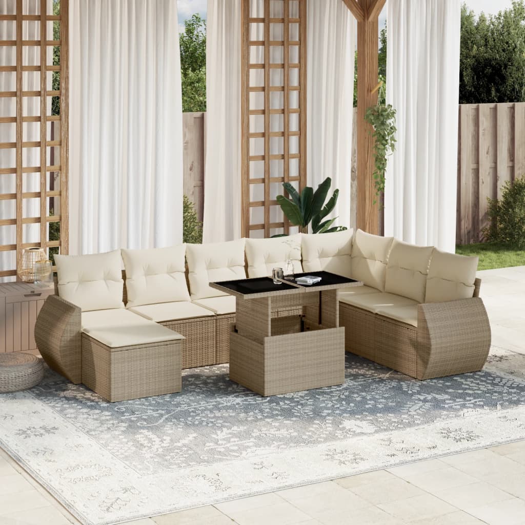 9-tlg. Garten-Sofagarnitur mit Kissen Beige Poly Rattan