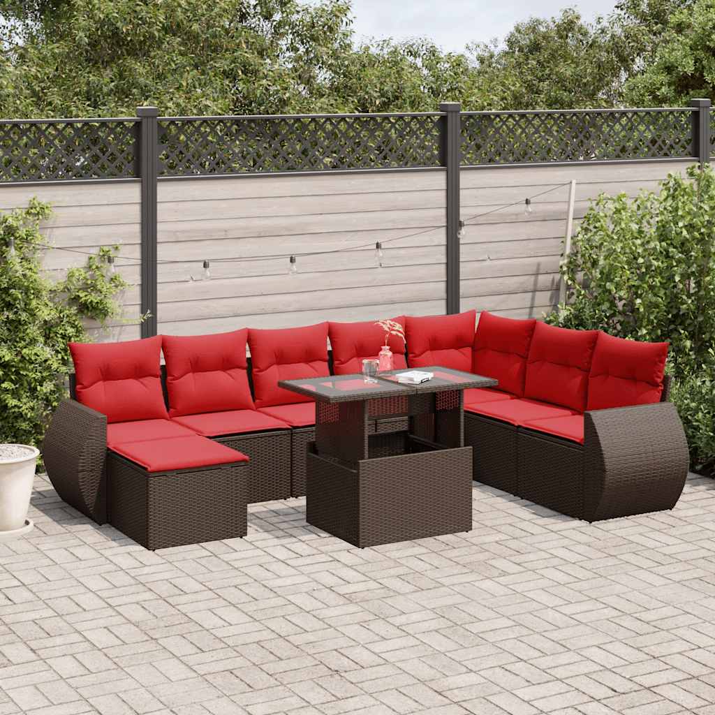 9-teiliges Gartensofa-Set mit Kissen, braun, Polyrattan