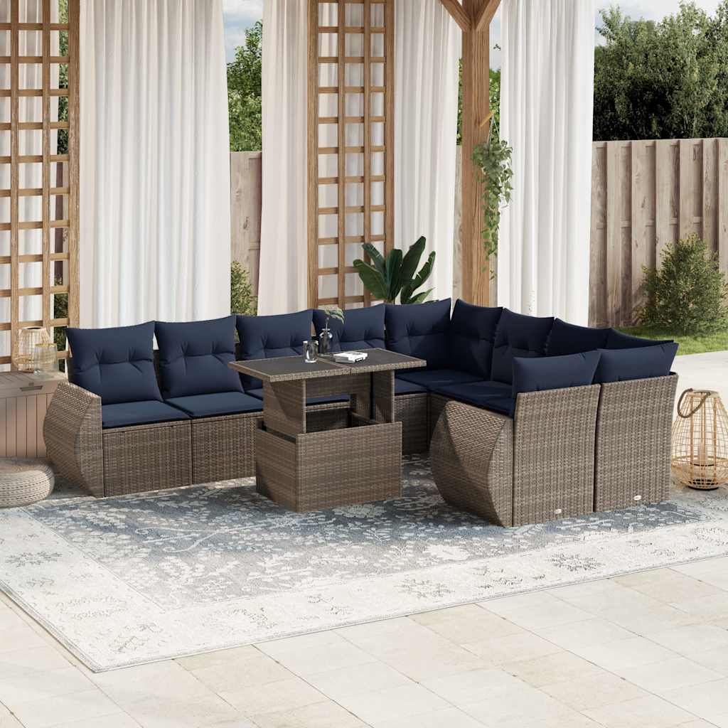 10-teiliges Gartensofa-Set mit Kissen, grau, Polyrattan