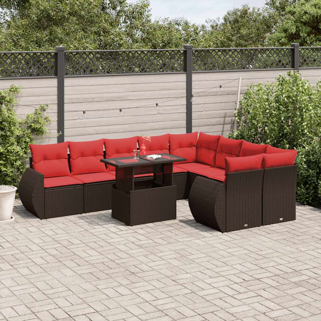 10-teiliges Gartensofa-Set mit Kissen, braun, Polyrattan