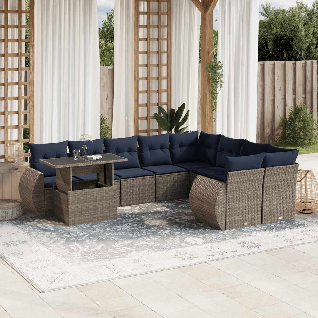 10-teiliges Gartensofa-Set mit Kissen, grau, Polyrattan