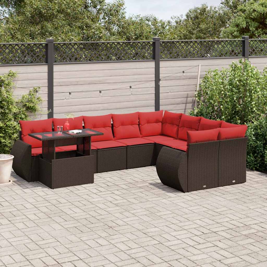 10-teiliges Gartensofa-Set mit Kissen, braun, Polyrattan