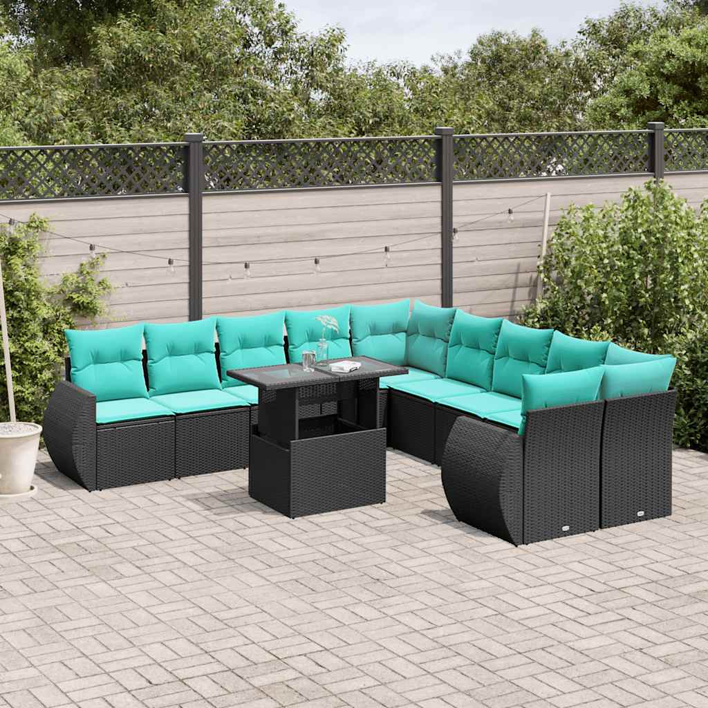 11-teiliges Gartensofa-Set mit Kissen, schwarzes Polyrattan