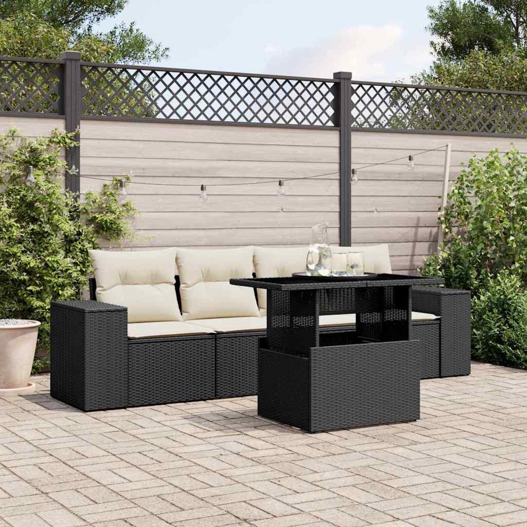 5-tlg. Garten-Sofagarnitur mit Kissen Schwarz Poly Rattan
