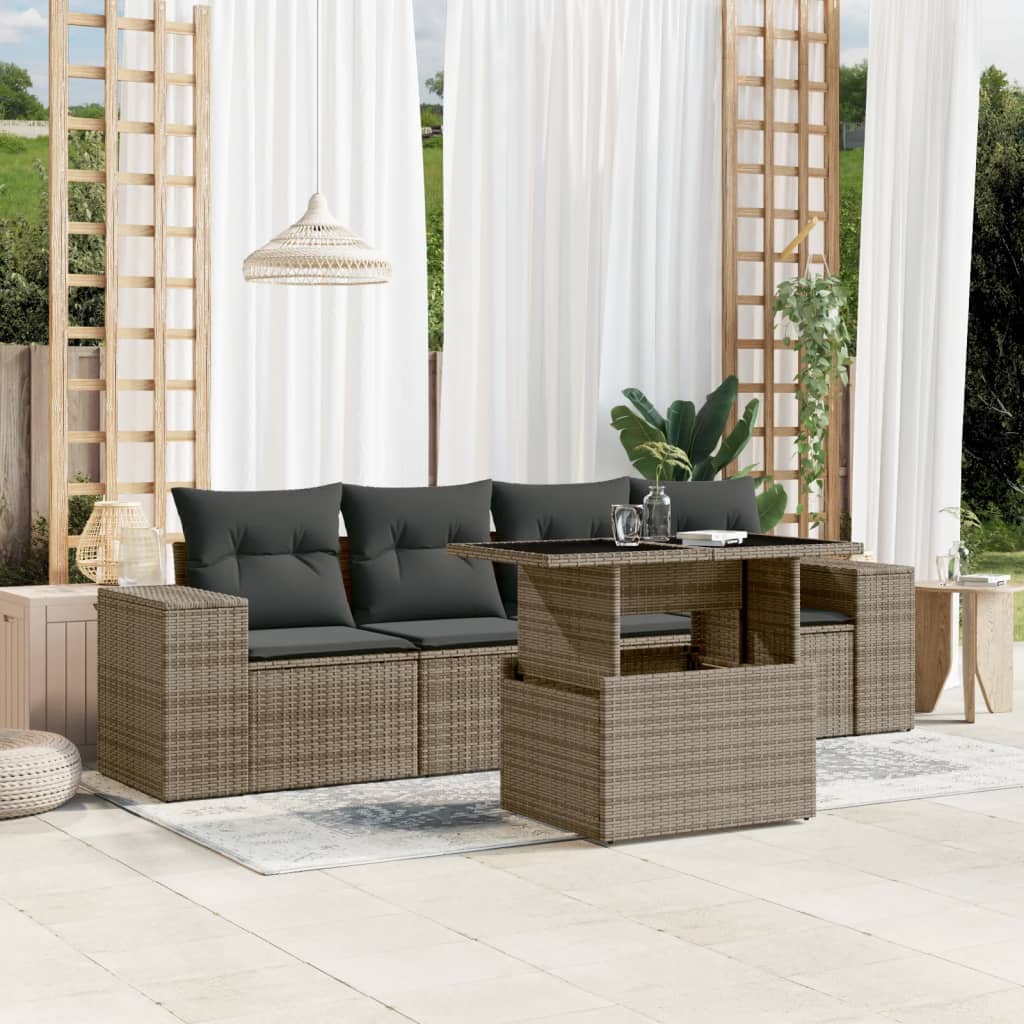 5-tlg. Garten-Sofagarnitur mit Kissen Grau Poly Rattan