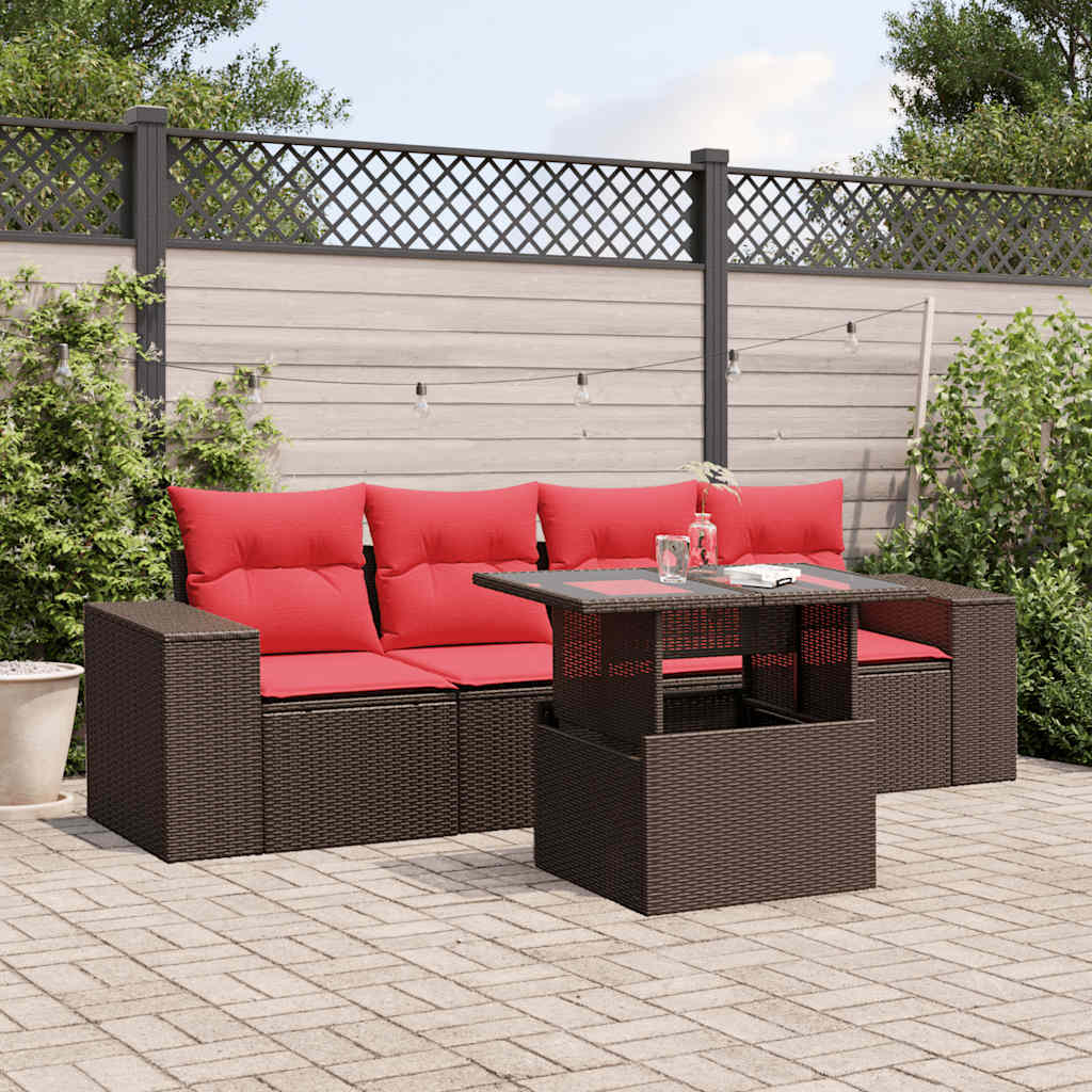 5-teiliges Gartensofa-Set mit Kissen, braun, Polyrattan