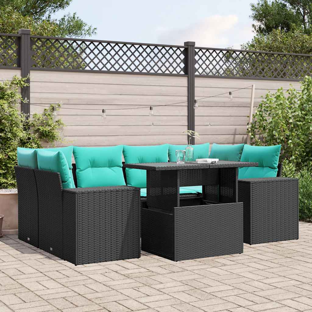 7-teiliges Gartensofa-Set mit Kissen, schwarzes Polyrattan