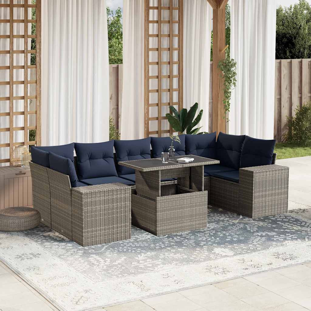 8-teiliges Gartensofa-Set mit Kissen, grau, Polyrattan