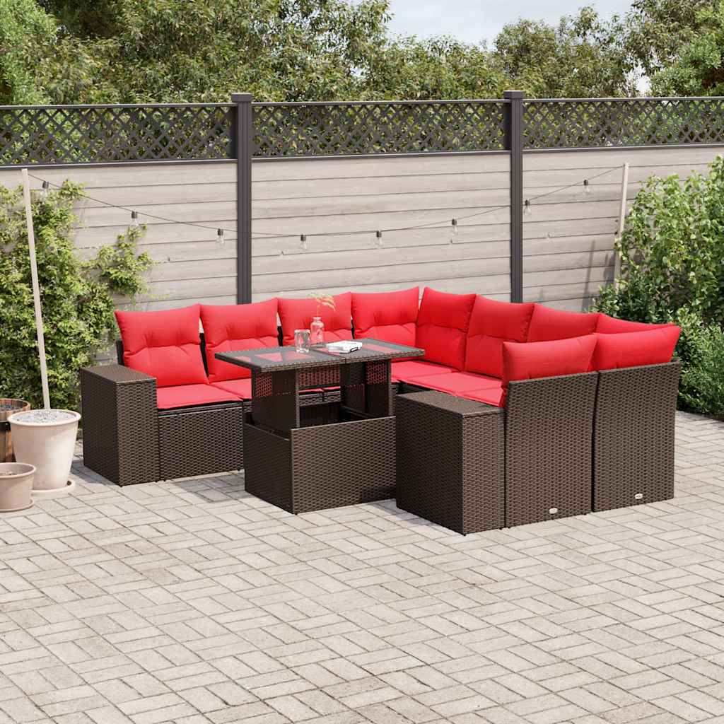 9-teiliges Gartensofa-Set mit Kissen, braun, Polyrattan