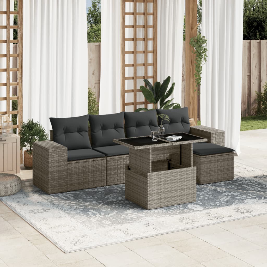 6-tlg. Garten-Sofagarnitur mit Kissen Grau Poly Rattan