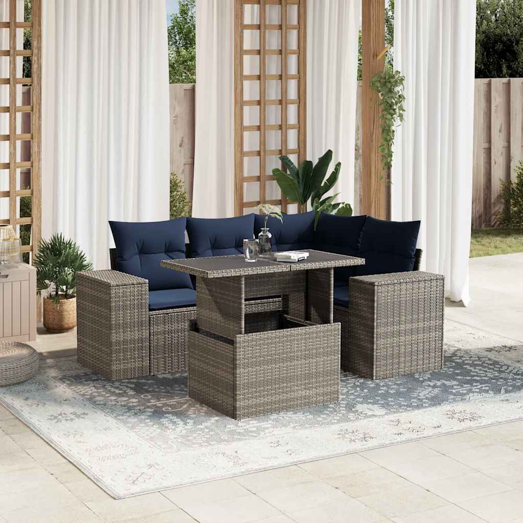5-teiliges Gartensofa-Set mit Kissen, grau, Polyrattan