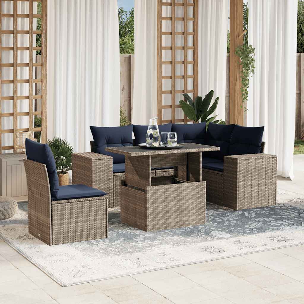 6-teiliges Gartensofa-Set mit Kissen, grau, Polyrattan