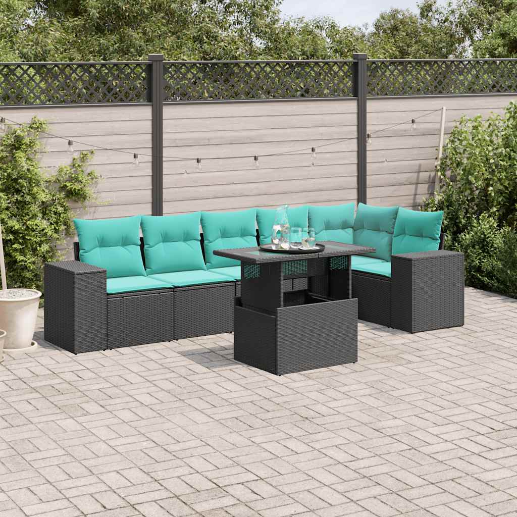 7-teiliges Gartensofa-Set mit Kissen, schwarzes Polyrattan