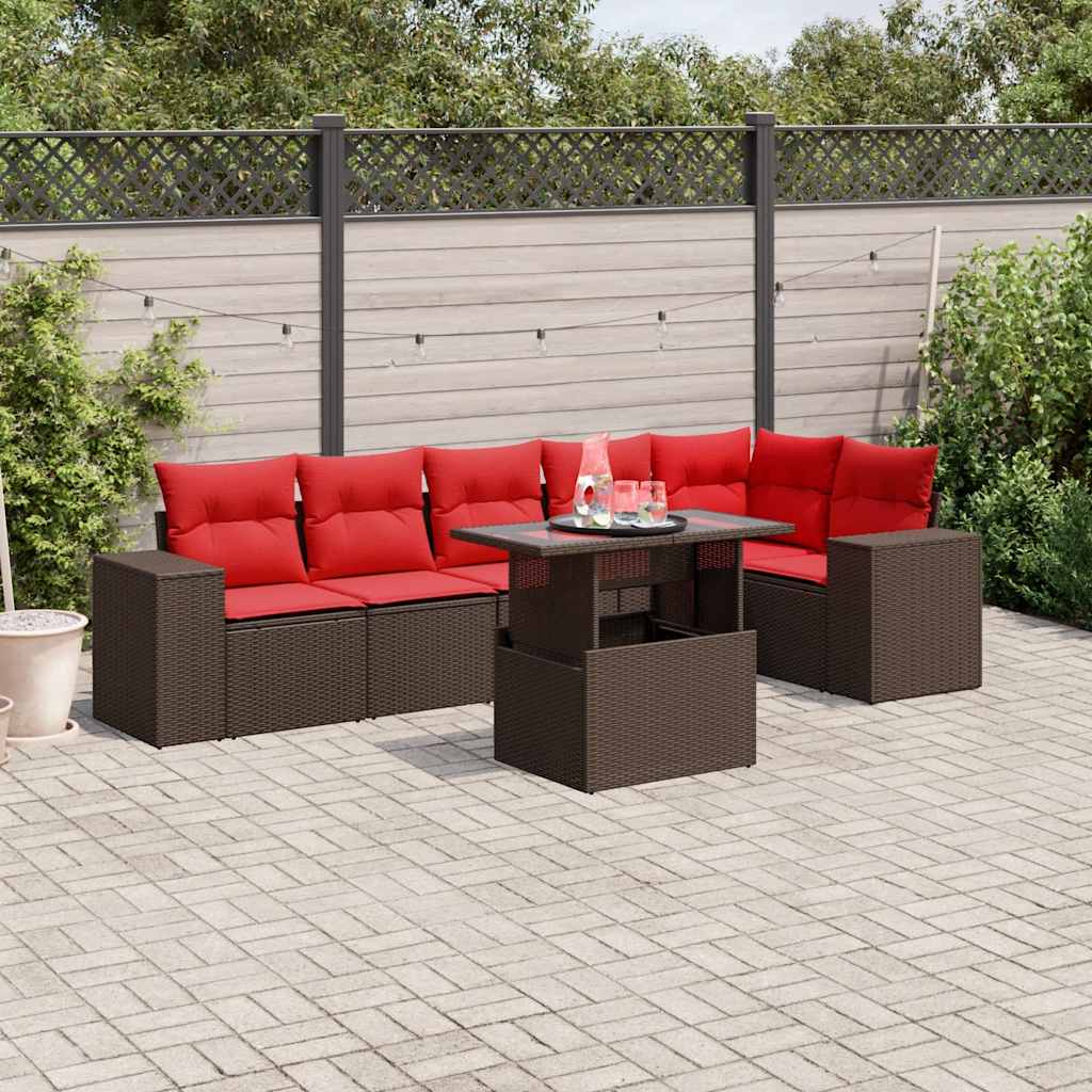 7-teiliges Gartensofa-Set mit Kissen, braun, Polyrattan