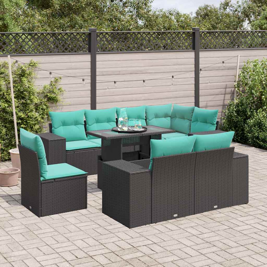 9-teiliges Gartensofa-Set mit Kissen, schwarzes Polyrattan