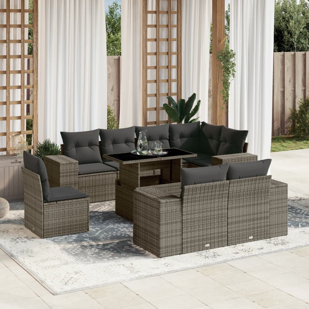9-tlg. Garten-Sofagarnitur mit Kissen Grau Poly Rattan