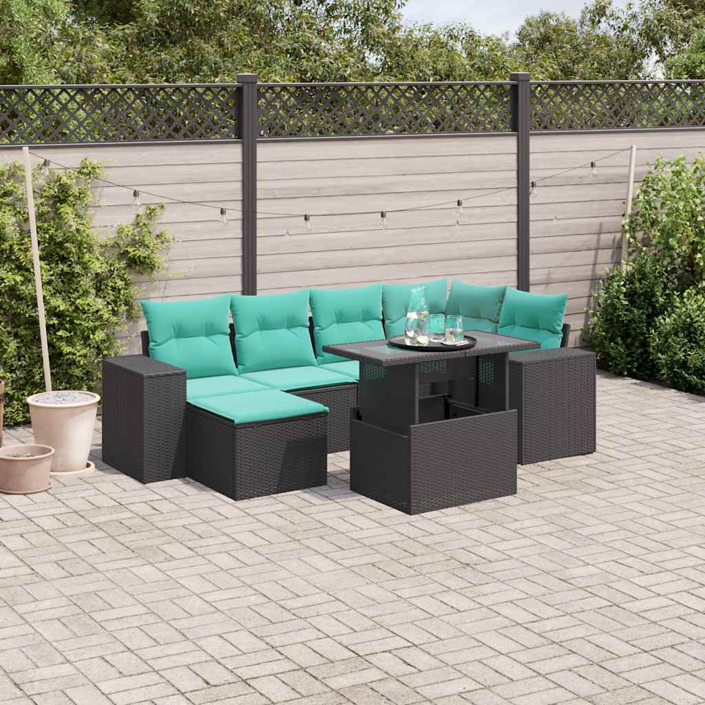 7-teiliges Gartensofa-Set mit Kissen, schwarzes Polyrattan