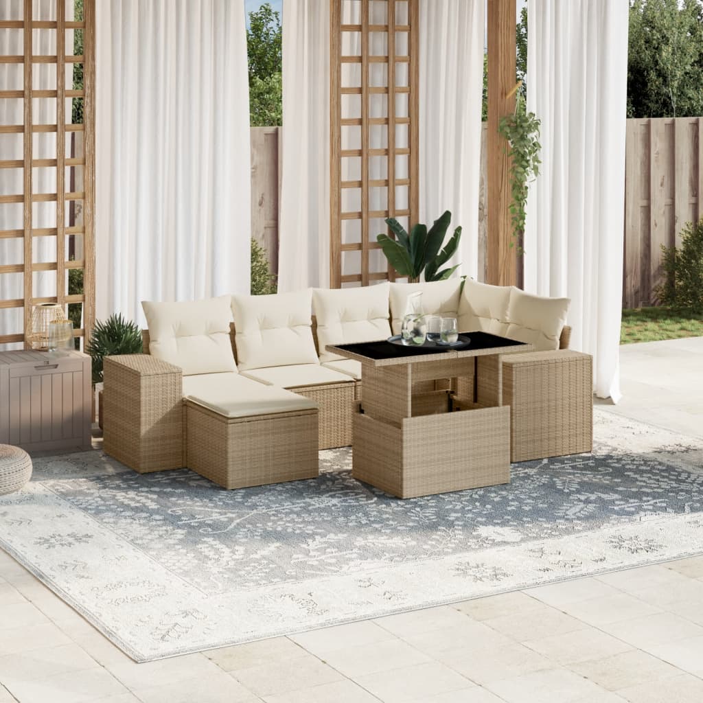 7-tlg. Garten-Sofagarnitur mit Kissen Beige Poly Rattan