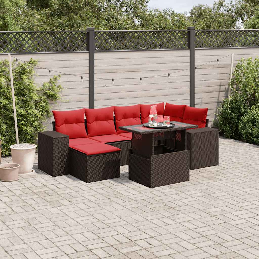 7-teiliges Gartensofa-Set mit Kissen, braun, Polyrattan