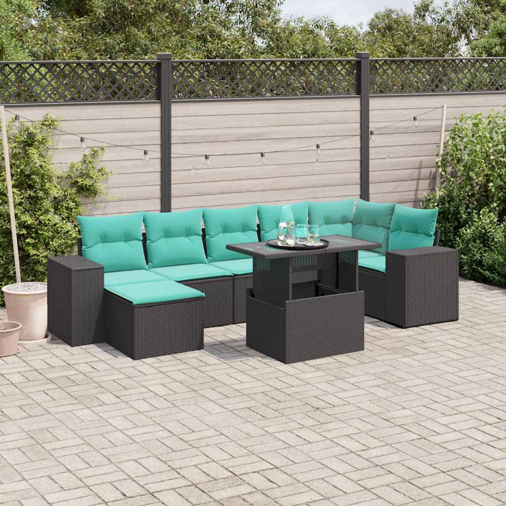 8-teiliges Gartensofa-Set mit Kissen, schwarzes Polyrattan