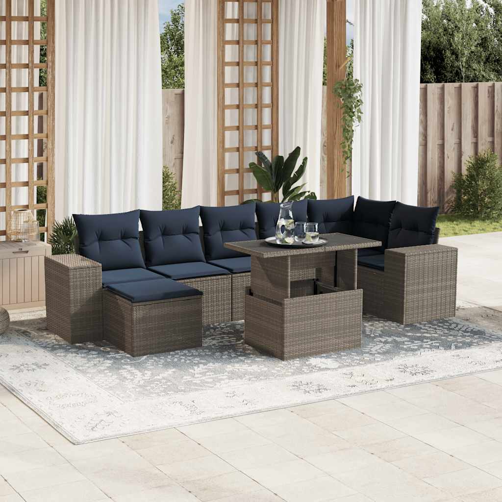 8-teiliges Gartensofa-Set mit Kissen, grau, Polyrattan
