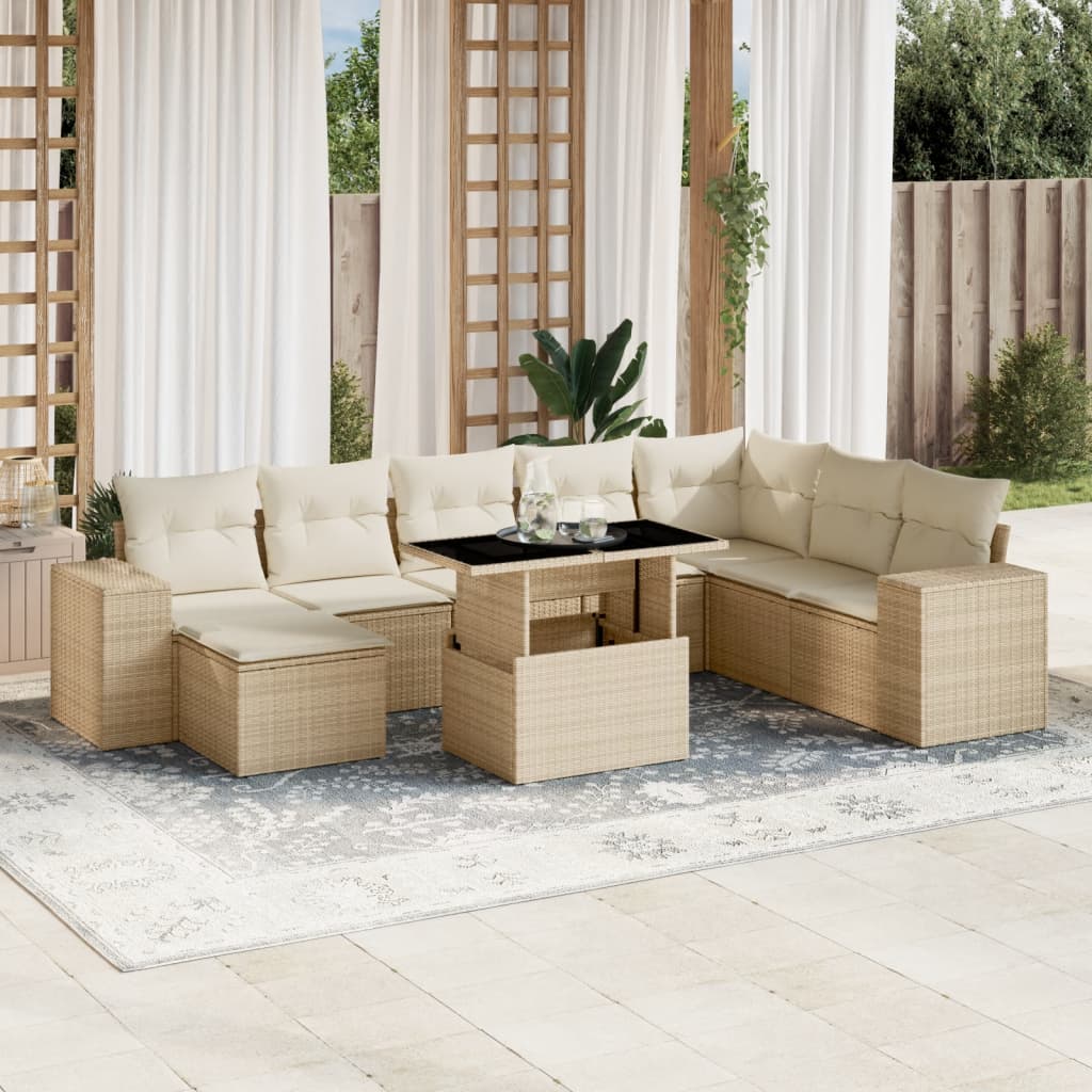 9-tlg. Garten-Sofagarnitur mit Kissen Beige Poly Rattan