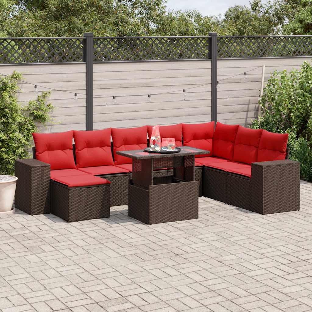 9-teiliges Gartensofa-Set mit Kissen, braun, Polyrattan
