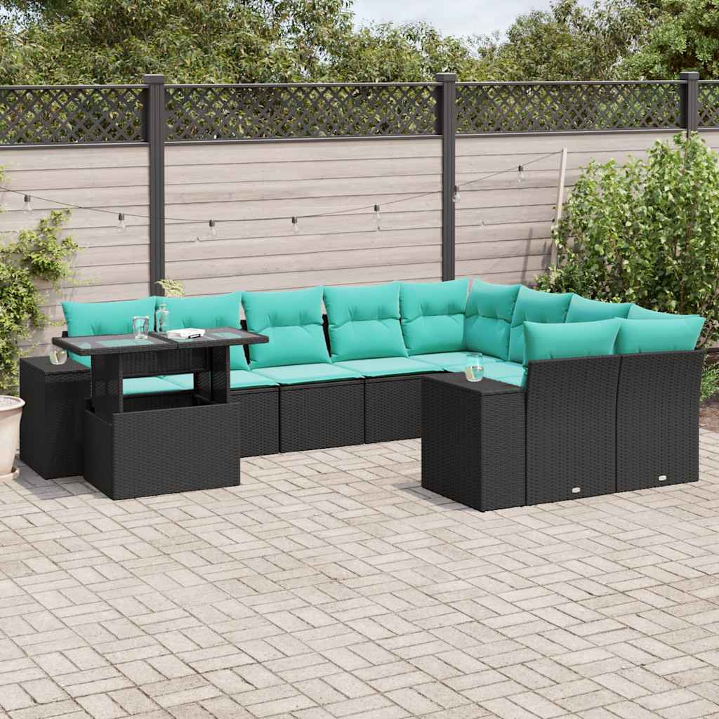 10-teiliges Gartensofa-Set mit Kissen, schwarzes Polyrattan