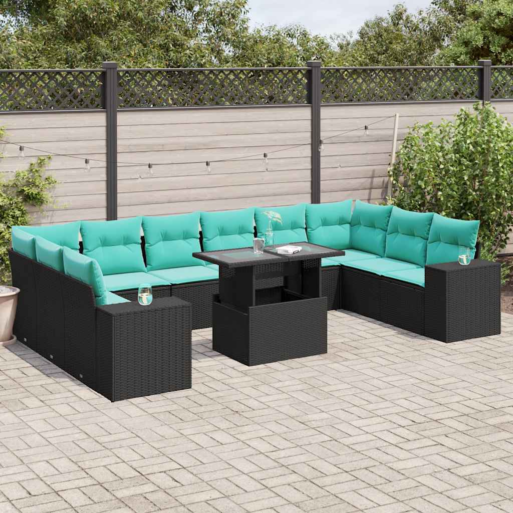 11-teiliges Gartensofa-Set mit Kissen, schwarzes Polyrattan