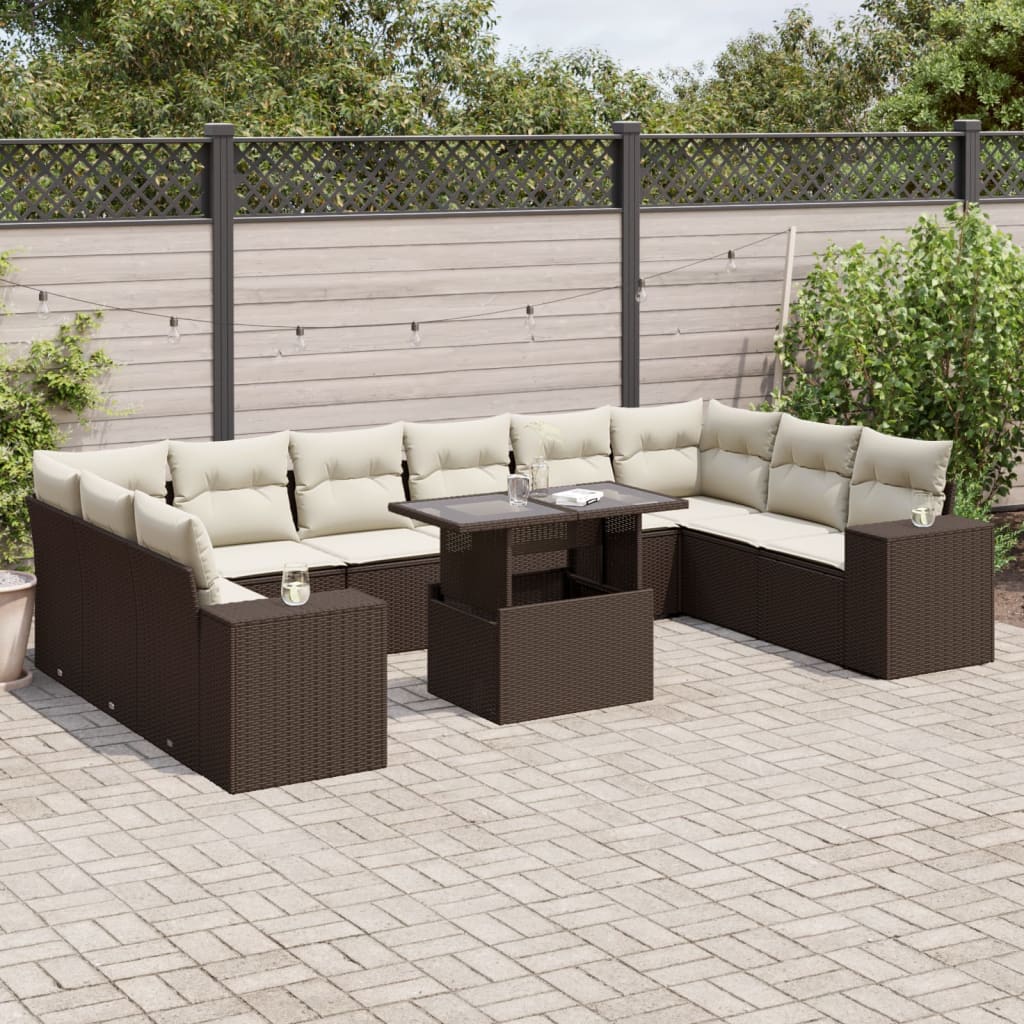 11-tlg. Garten-Sofagarnitur mit Kissen Braun Poly Rattan