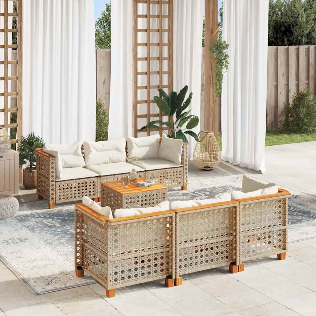 7-tlg. Garten-Sofagarnitur mit Kissen Beige Poly Rattan