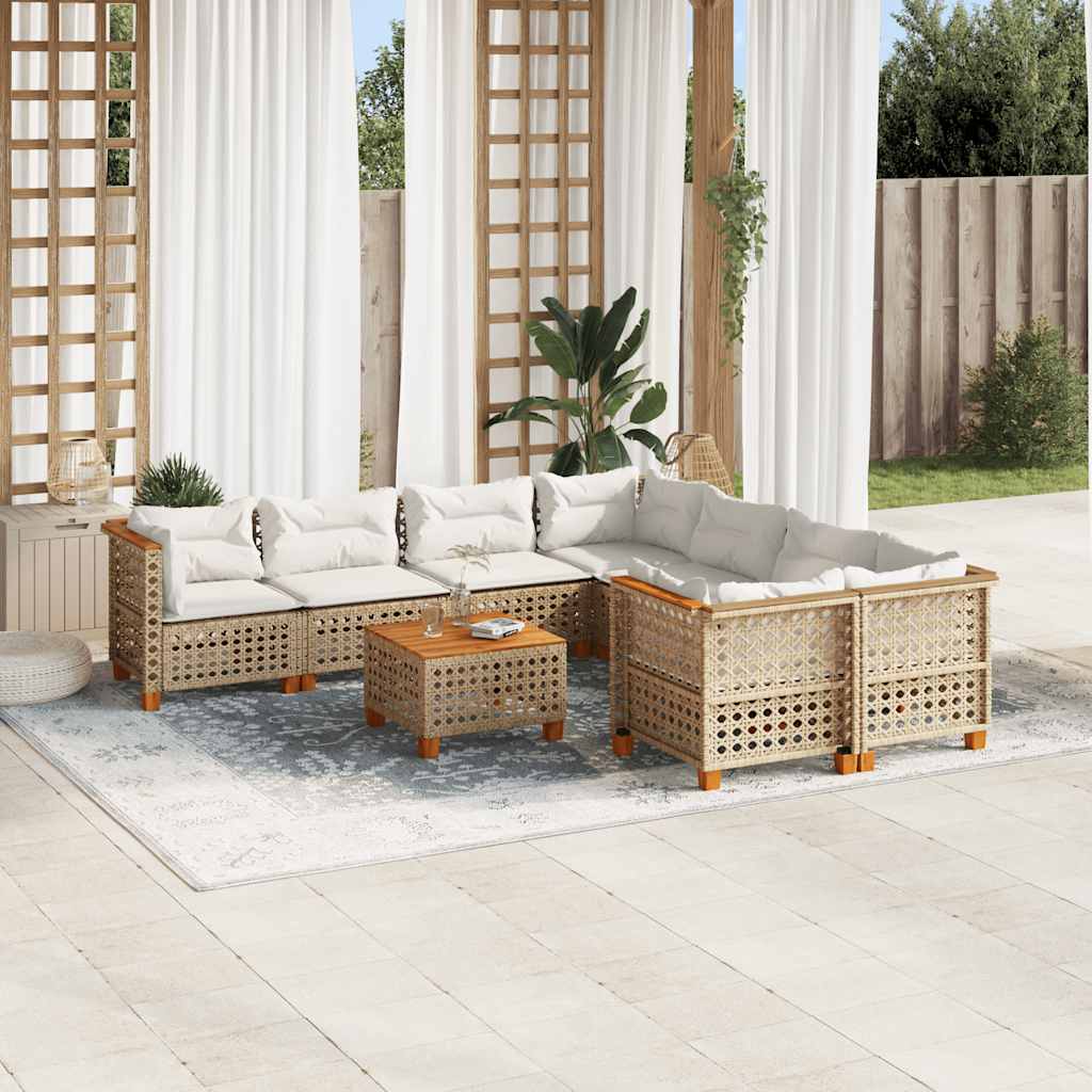 9-tlg. Garten-Sofagarnitur mit Kissen Beige Poly Rattan