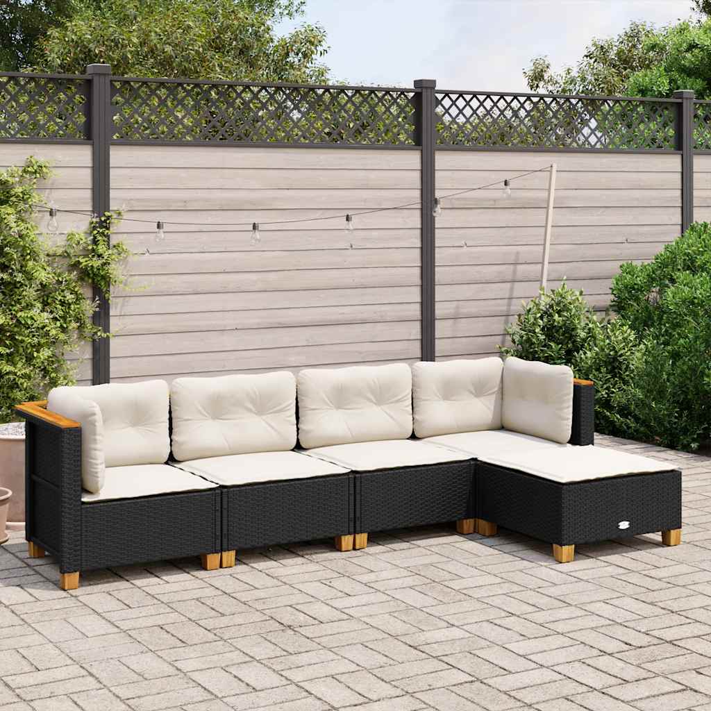5-tlg. Garten-Sofagarnitur mit Kissen Schwarz Poly Rattan