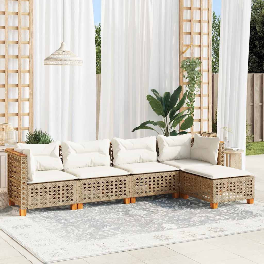 5-tlg. Garten-Sofagarnitur mit Kissen Beige Poly Rattan