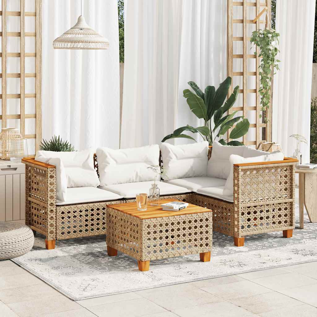 5-tlg. Garten-Sofagarnitur mit Kissen Beige Poly Rattan