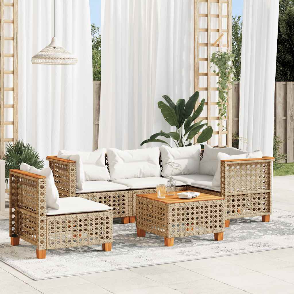6-tlg. Garten-Sofagarnitur mit Kissen Beige Poly Rattan