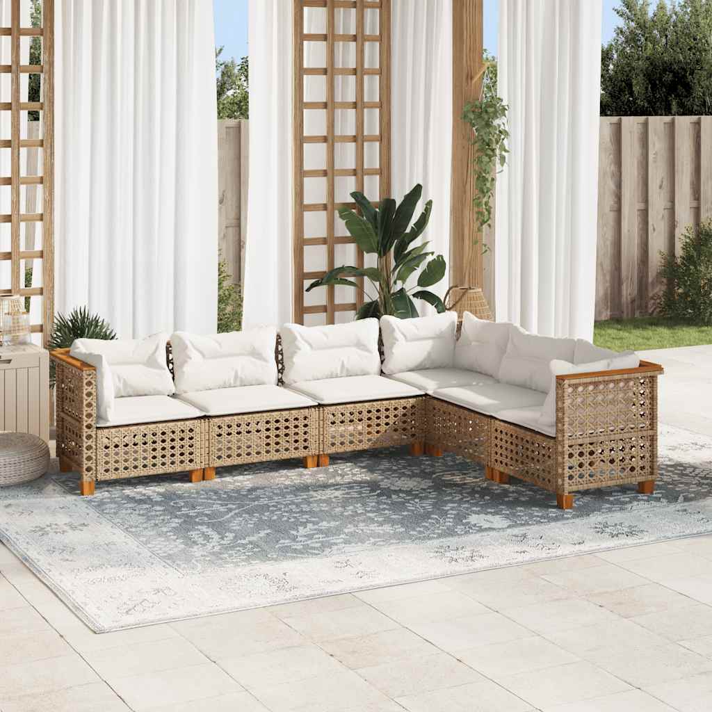 6-tlg. Garten-Sofagarnitur mit Kissen Beige Poly Rattan