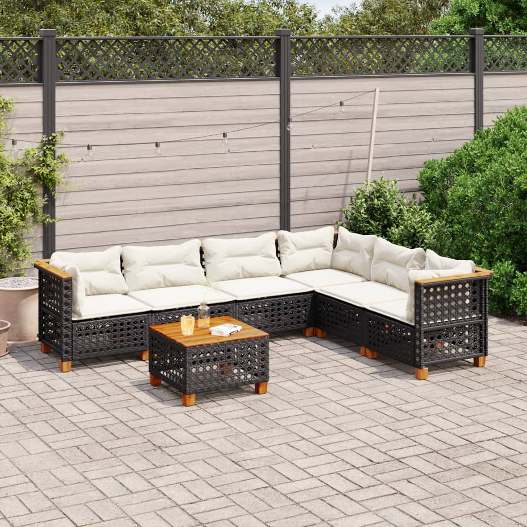7-tlg. Garten-Sofagarnitur mit Kissen Schwarz Poly Rattan