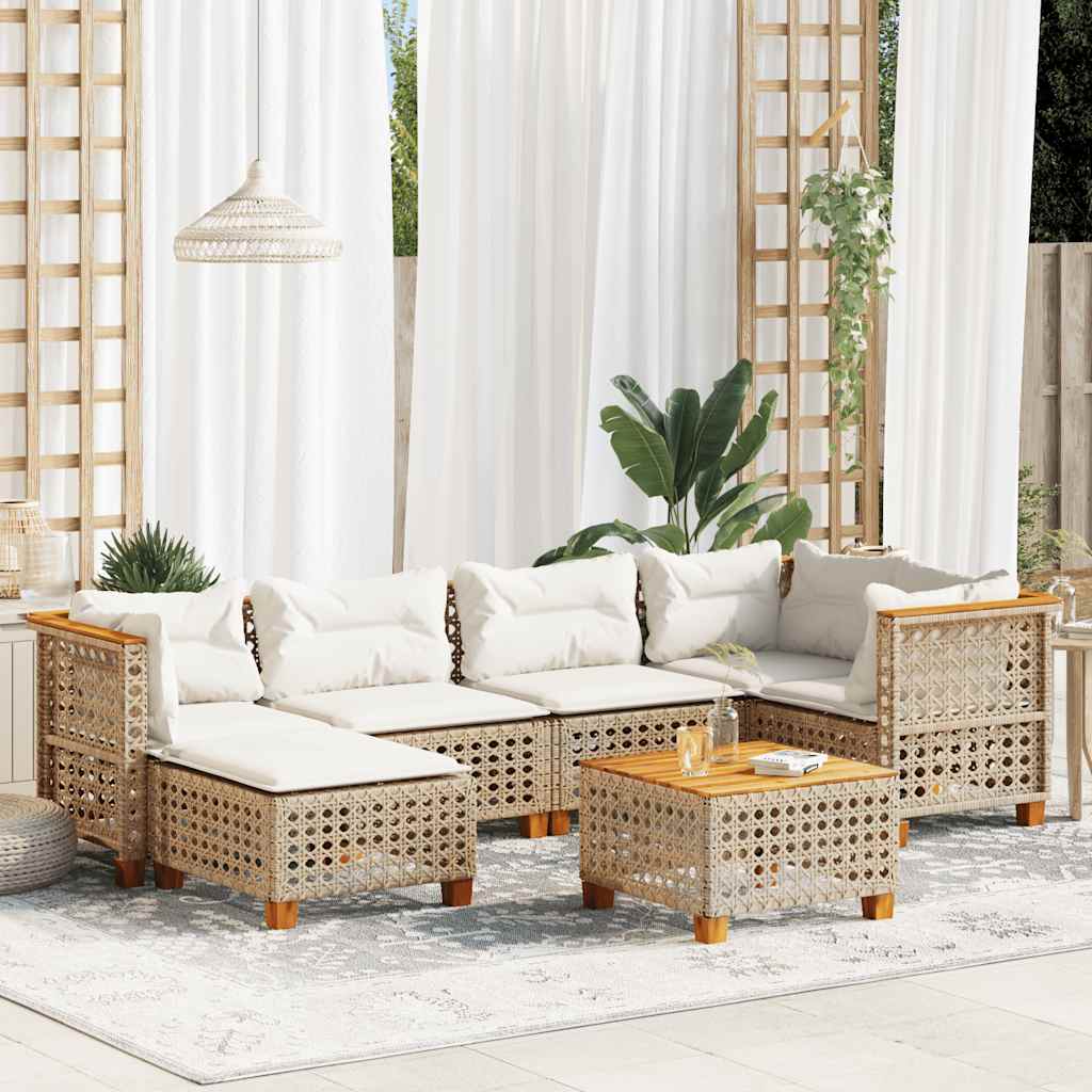 7-tlg. Garten-Sofagarnitur mit Kissen Beige Poly Rattan