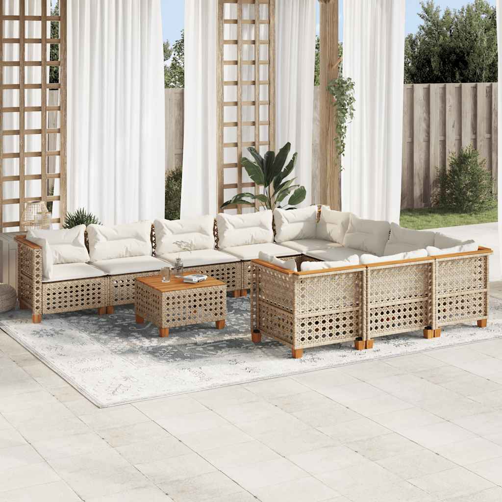 11-tlg. Garten-Sofagarnitur mit Kissen Beige Poly Rattan