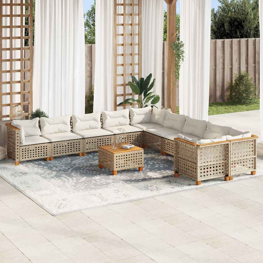 11-tlg. Garten-Sofagarnitur mit Kissen Beige Poly Rattan