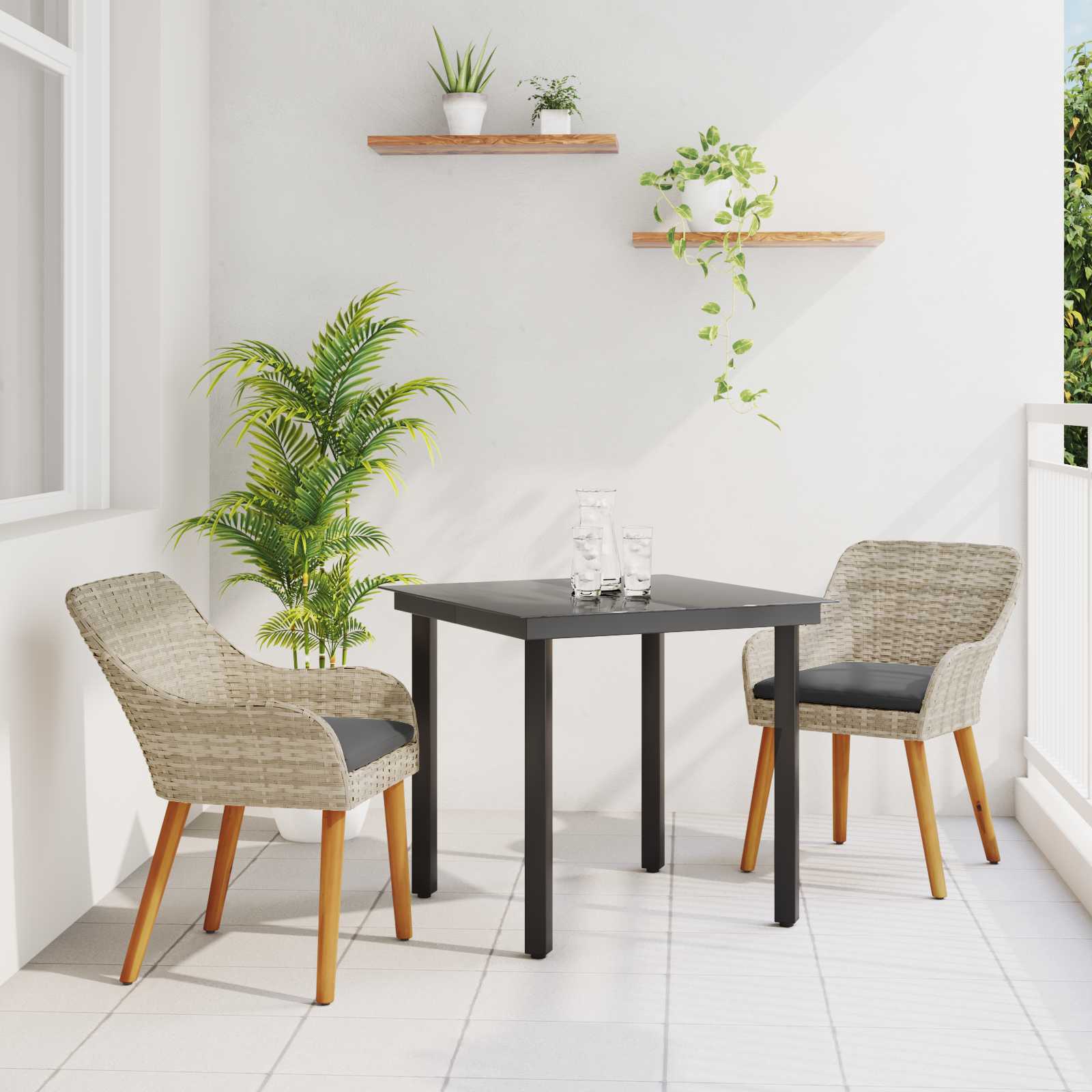 Garten Essgruppe 3 stk. Hellgrau Poly-Rattan