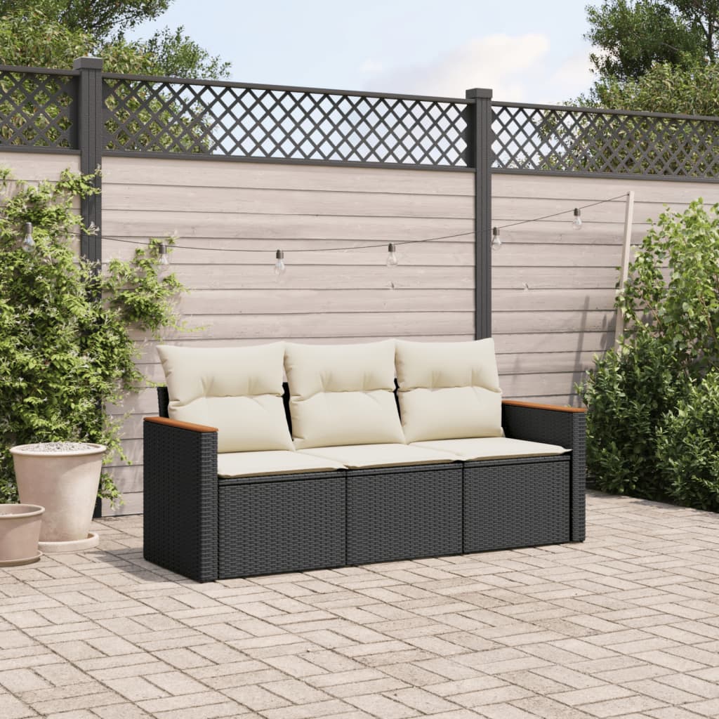 3-tlg. Garten-Sofagarnitur mit Kissen Schwarz Poly Rattan