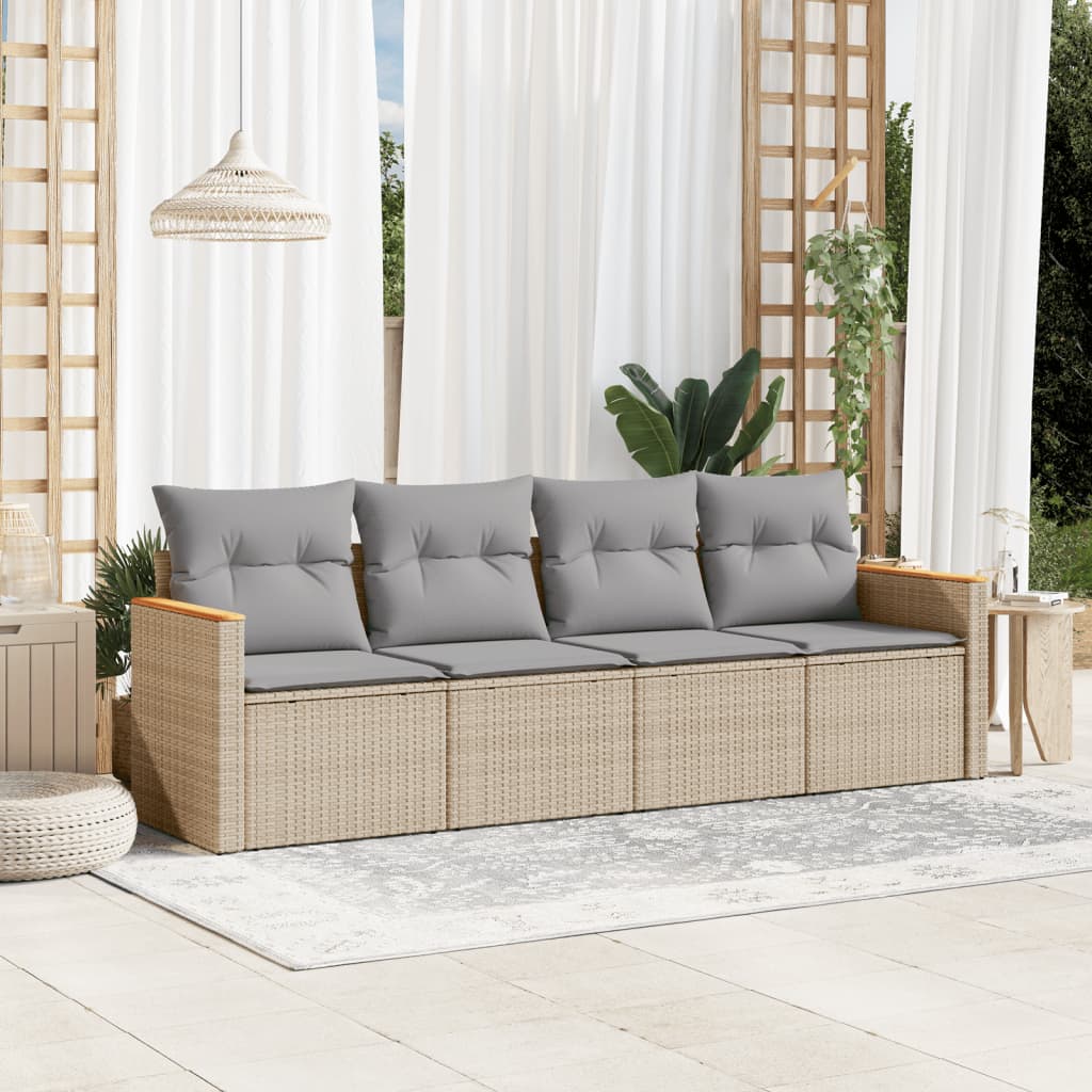 4-tlg. Garten-Sofagarnitur mit Kissen Beige Poly Rattan