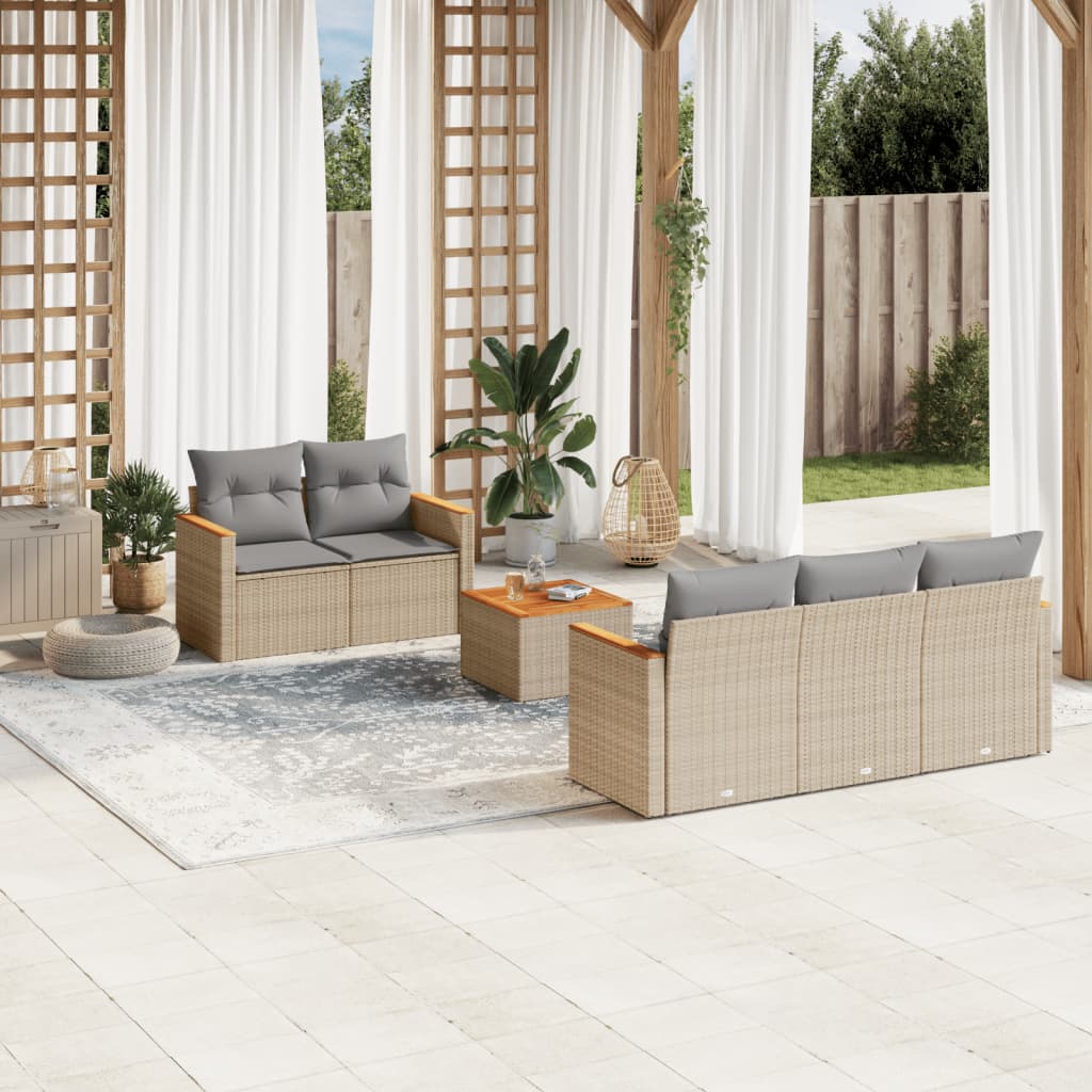 6-tlg. Garten-Sofagarnitur mit Kissen Beige Poly Rattan