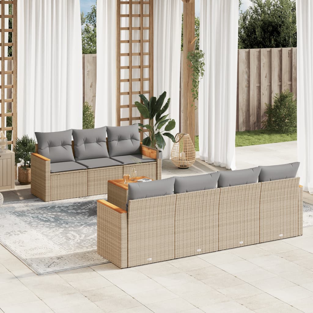 8-tlg. Garten-Sofagarnitur mit Kissen Beige Poly Rattan