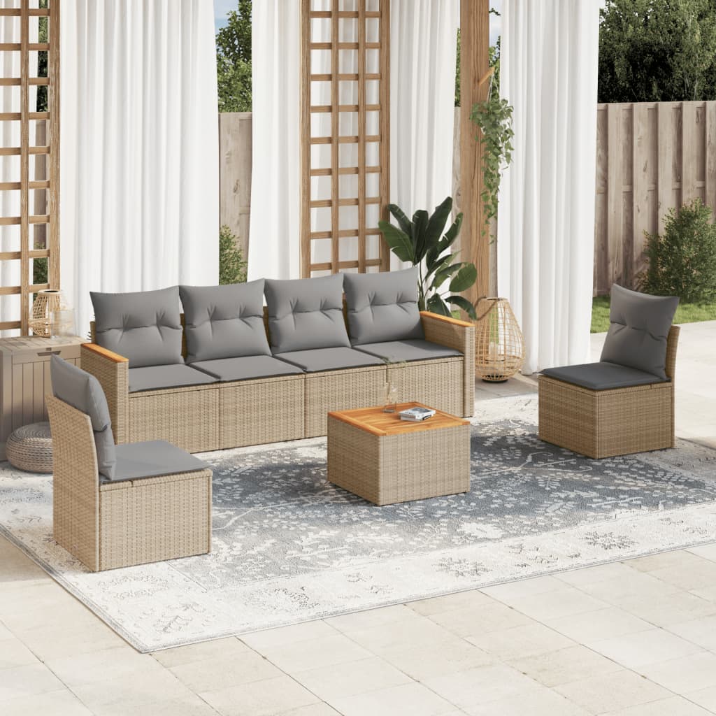 7-tlg. Garten-Sofagarnitur mit Kissen Beige Poly Rattan