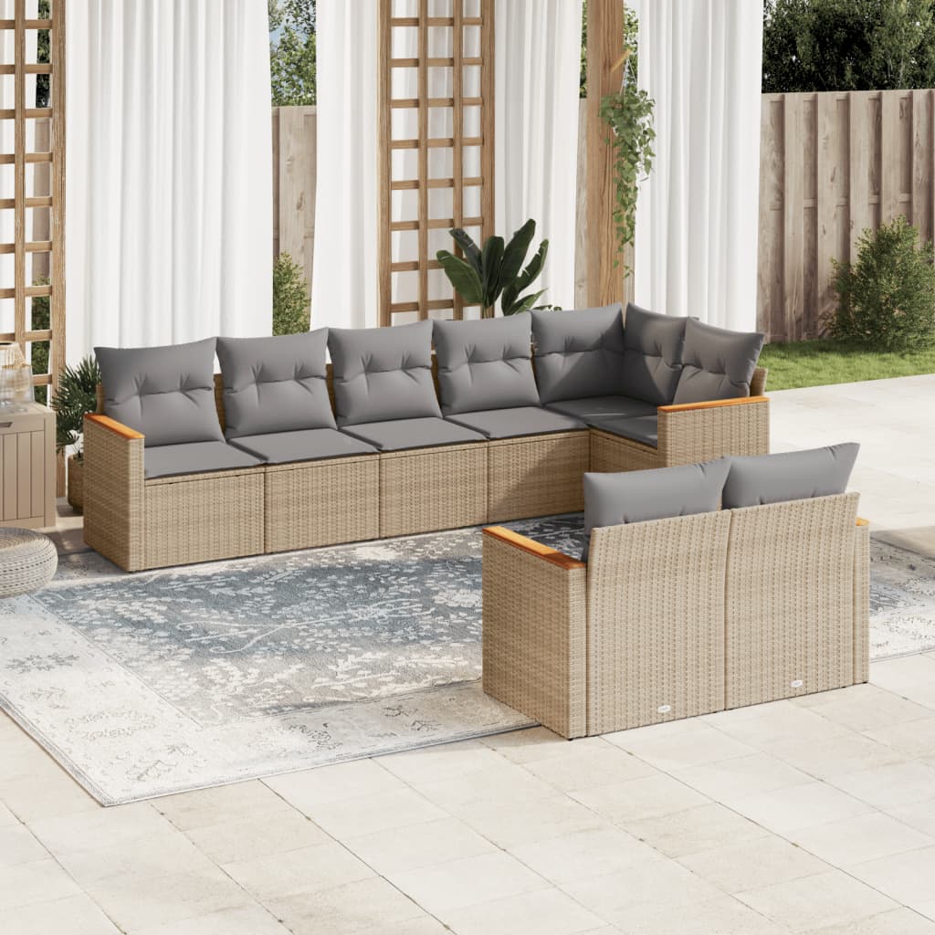 8-tlg. Garten-Sofagarnitur mit Kissen Beige Poly Rattan